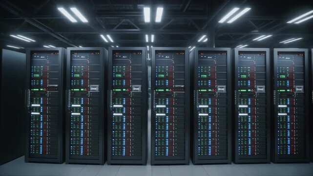 Big data center server racks glowing LED lights futuristic technology digital infrastructure network connectivity high tech computing modern IT environment secure data storage - Powered by Adobe
