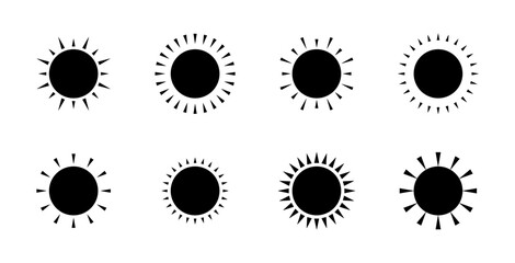 Set of sun icons, abstract sunny black silhouette isolated, flat vector illustration design. A graphic element for design, decoration, and weather forecast. Simple icon of heat, heat, brightness, warm