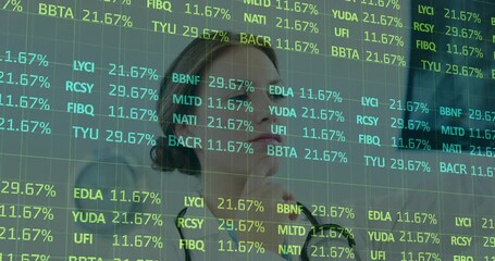 Woman doctor emerging as data overlay shifting, adjusting steth while codes densifying to diagnose