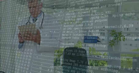 Male doctor tapping tablet in office, causing terminal text overlay showing port scans and IPs - Powered by Adobe