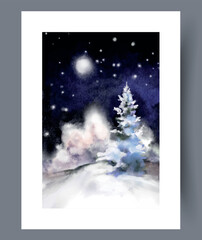 Dreamlike winter night scene with starry sky and glowing snowcovered hill