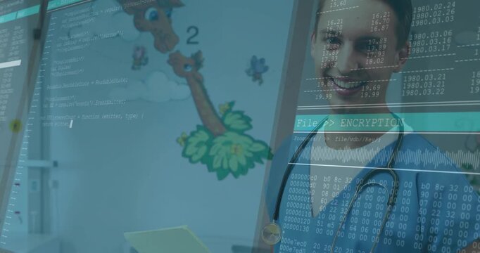 Male clinician scanning chart in pediatric room, activating FileENCRYPTION overlay over mural