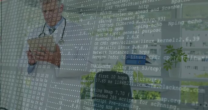 Male doctor tapping tablet in office, causing terminal text overlay showing port scans and IPs