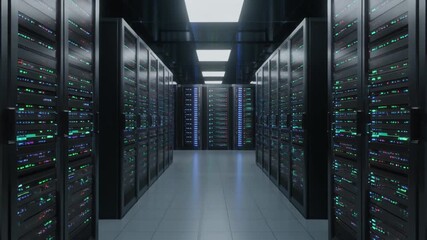 Big data center server racks glowing LED lights futuristic technology digital infrastructure network connectivity high tech computing modern IT environment secure data storage - Powered by Adobe