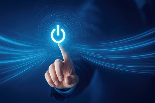 Hand finger pressing a glowing blue power button with light streaks effect icon technology - Powered by Adobe