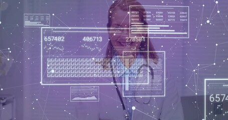 Senior medical doctor standing behind purple UI drifting in filling keys updating charts for review - Powered by Adobe