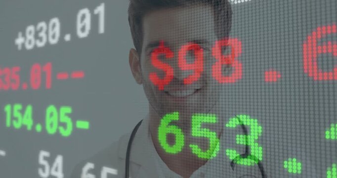 Male doctor shifting, smiling as ticker revealing figures on steth, showing market impacting health