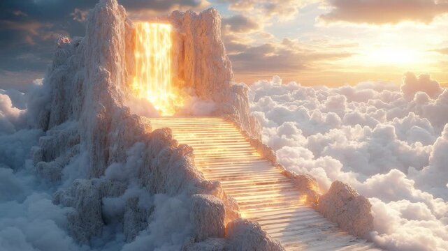 A majestic stairway to heaven rises through the clouds to a golden gate a cinematic vision of paradise afterlife hope and spiritual journey.