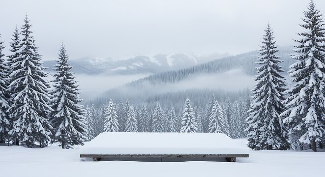 Snowy Mountain Landscape with Spruce Trees and Bench Covered in Snow