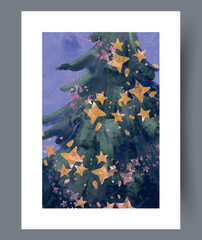 Rustic seasonal motif featuring pine branches and shimmering confetti