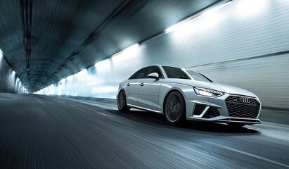 Silver sedan speeding through a bright, modern tunnel, motion blurred backdrop