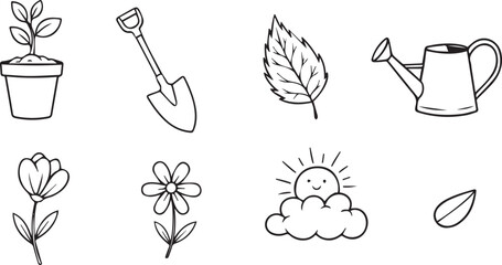Hand Drawn Gardening Icons Set &mdash; Flowers, Leaves, Watering Can, Shovel, Plant Pot, and Sun Illustrations