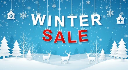Winter sale advertising banner with snow falling and deer silhouettes