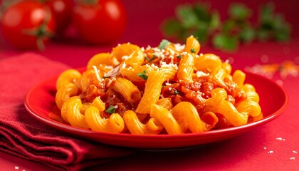 Red plate of macaroni with tomato sauce, paired with a red napkin on a red table, vibrant food ideal for vegetarian and vegan people.