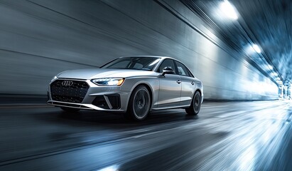 Silver sedan speeding in tunnel, motion blur shows speed, abstract depth