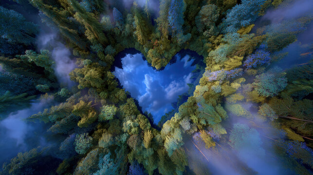 Heart shaped forest lake reflected sky and cloud, aerial drone view, misty atmosphere, lush green trees, tranquil scene - Powered by Adobe