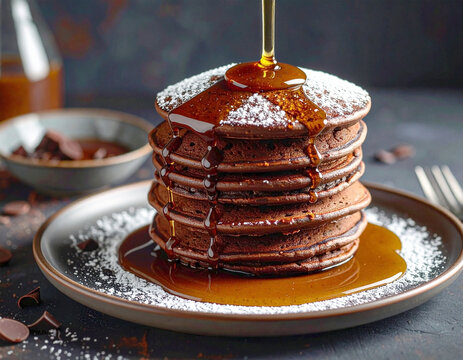 Chocolate pancakes with syrup and powdered sugar, dessert plate. AI