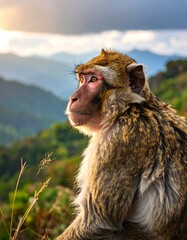 Monkey gazes out at a misty mountain landscape at sunrise.