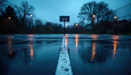Rainy Asphalt Basketball Court with Reflections and Moody Blue Tones