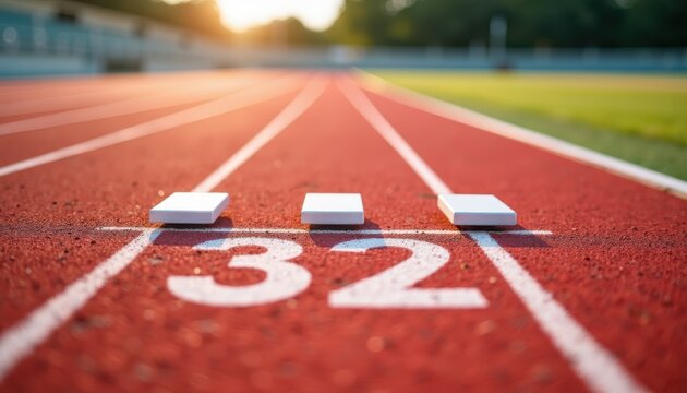 Red Running Track with Starting Blocks and Lane Numbers