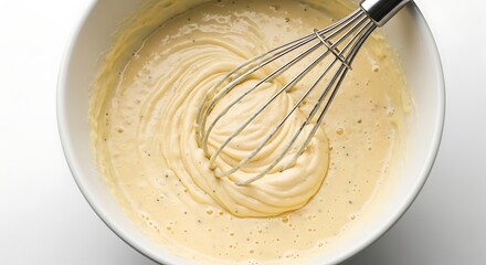 Whisking creamy batter in a white bowl close up