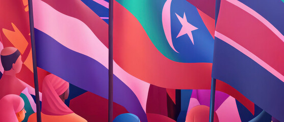 Cultural exchange event showcasing diverse flags and traditional attire, celebrating unity and diversity among nations