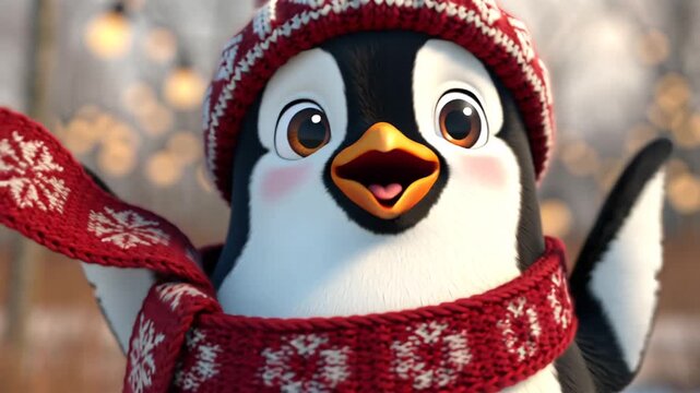  A cheerful playful cartoon penguin in a hat and scarf, a funny pose