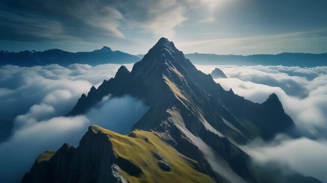 Majestic mountain peak rising above soft clouds bathed in golden light symbolizing achievement freedom and serenity in a surreal hyper realistic dreamlike landscape