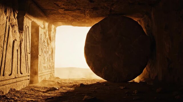 In an ancient tomb, a massive stone rolls away, unveiling golden sunlight. Dust particles dance in the air as history awakens at dawn, revealing hidden wonders.