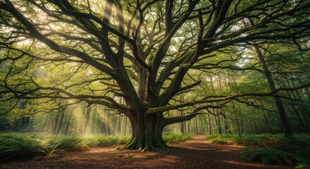 Majestic ancient oak tree in sunlit forest nature background landscape beauty