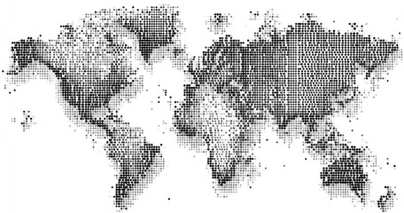 World map rendered with pointillism, grainy, shades of grey, on white