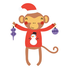 Monkey with Christmas ornaments isolated on transparent. Hand drawn flat vector illustration. Cute cartoon character. Traditional Christmas, New Year design element, clip art