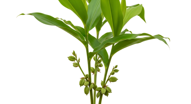 Green plant, with developing seed pods and broad leaves, cutout, PNG isolated on white or transparent background