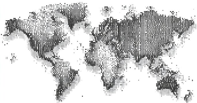 World map rendered with pointillism, grainy, shades of grey, on white