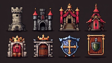 Pixel Art Collection of Castle Structures and Medieval Icons