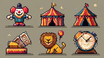 Pixel Art Circus Elements Featuring Clown, Lion, Tent, and Clock