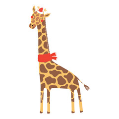 Giraffe in a Santa Claus hat, scarf isolated on transparent. Hand drawn flat vector illustration. Cute cartoon character. Traditional Christmas, New Year design element, clip art