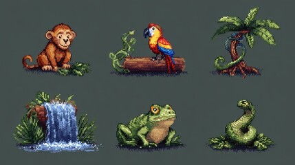 Colorful Pixel Art Animals in Lush Jungle Environment