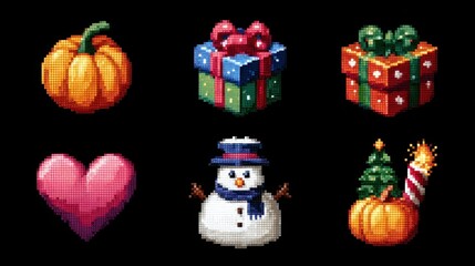 Colorful Pixel Art Icons of Halloween and Christmas Celebrations