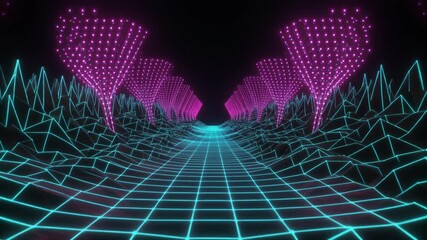 Vibrant neon digital mesh grid glowing in the dark symbolizing data networks technology and futuristic connectivity in the digital age with luminous geometric energy lines - Powered by Adobe