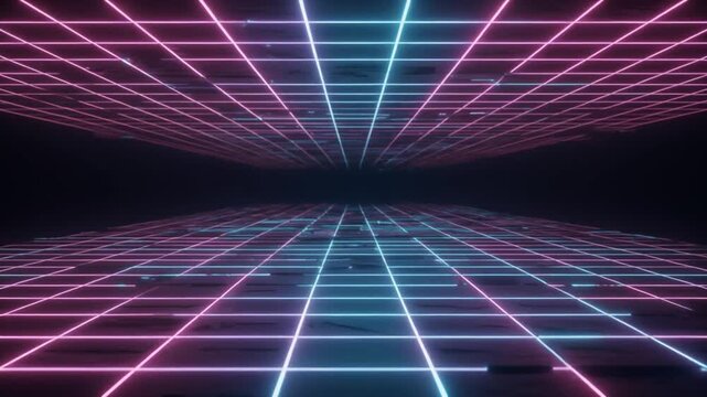 Vibrant neon digital mesh grid glowing in the dark symbolizing data networks technology and futuristic connectivity in the digital age with luminous geometric energy lines - Powered by Adobe