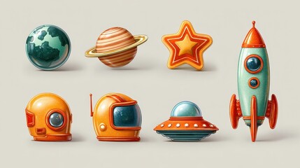 Colorful Space Icons Featuring Planets, Rockets, and Helmets