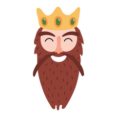One of three kings, king Gaspar face isolated on transparent background. Hand drawn flat vector illustration. Cartoon character. Epiphany Day, Christmas design element, clip art