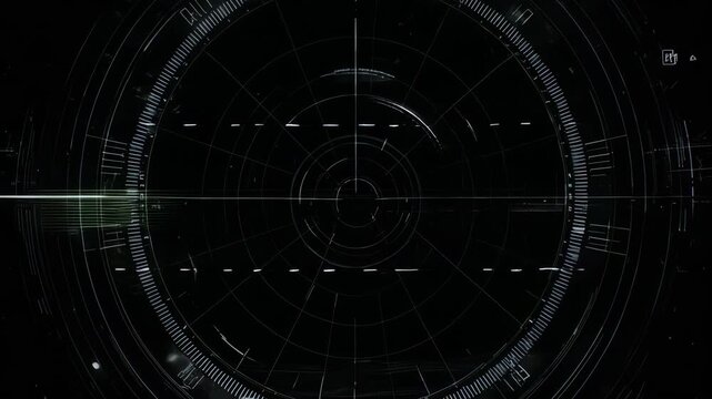 A cinematic HUD radar animation with rotating red and white target indicators on a black background, showing digital scan lines, circular grid lines, and subtle pulsing motion for a sci-fi tracking. - Powered by Adobe