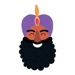 One of three kings, king Balthazar face isolated on transparent background. Hand drawn flat vector illustration. Cartoon character. Epiphany Day, Christmas design element, clip art