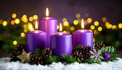 Purple Advent Candles Four Lit Candles, Evergreen Wreath, Snow, bokeh Background, Christmas, Winter Solstice Christmas, Advent