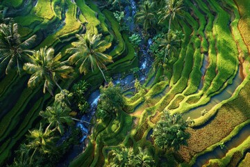 Lush Green Rice Terraces with Palm Trees and Stream in Bali