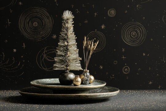 Metallic holiday decorations are arranged on stacked dark plates against a celestial background