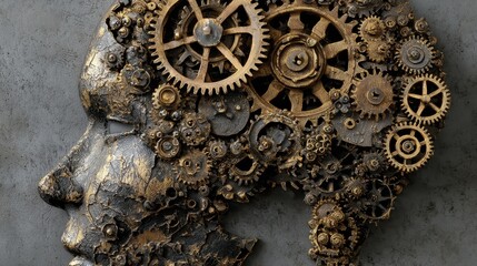 Human Profile with Gears and Cogs for Industrial Art Concept