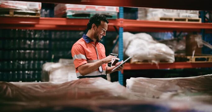 Barcode scanner, logistics and tablet with man in warehouse for stock, storage or quality control. App, inventory and shipping with happy person in supply chain depot for export or import delivery